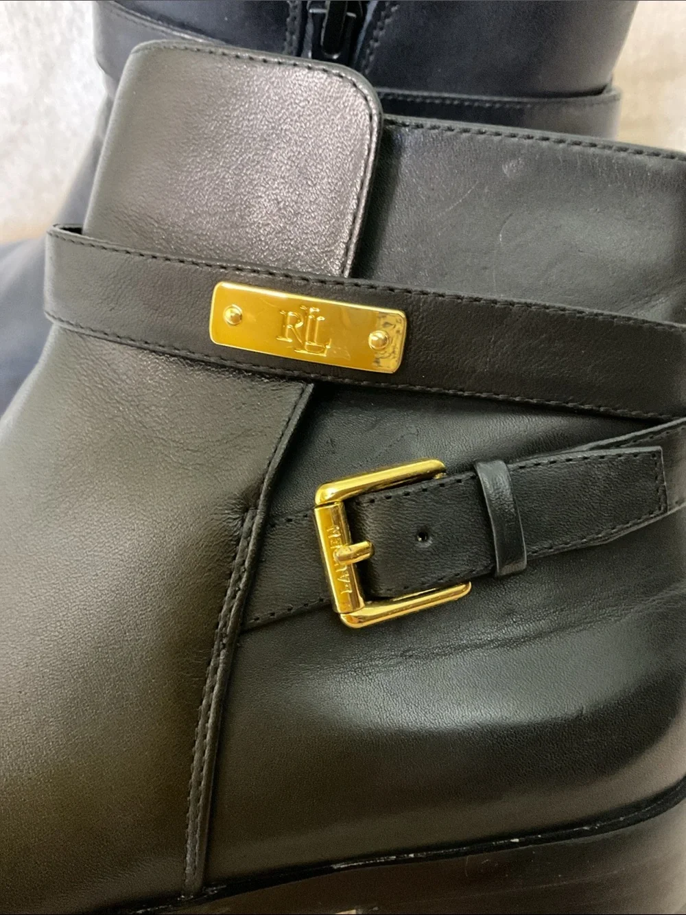 Lauren Ralph Lauren Black Leather Borgia Ankle Boots with Gold Buckle Size 7.5B